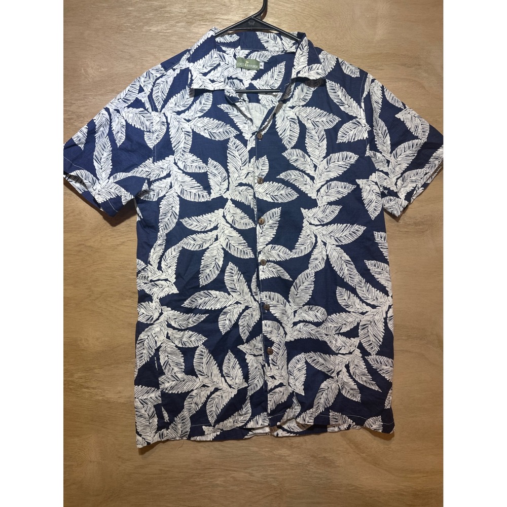 Coco Republic Mens Navy Blue White Tropical Leaf Print Short Sleeve Shirt Size M